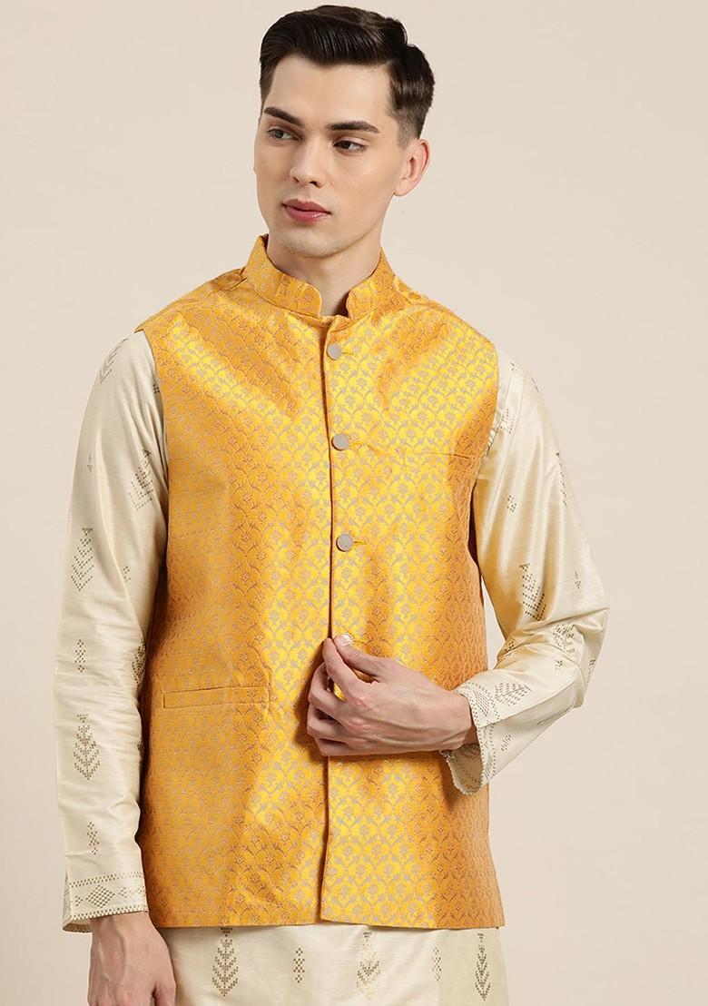Mustard Solid Poly Blend Nehru Jackets For Men