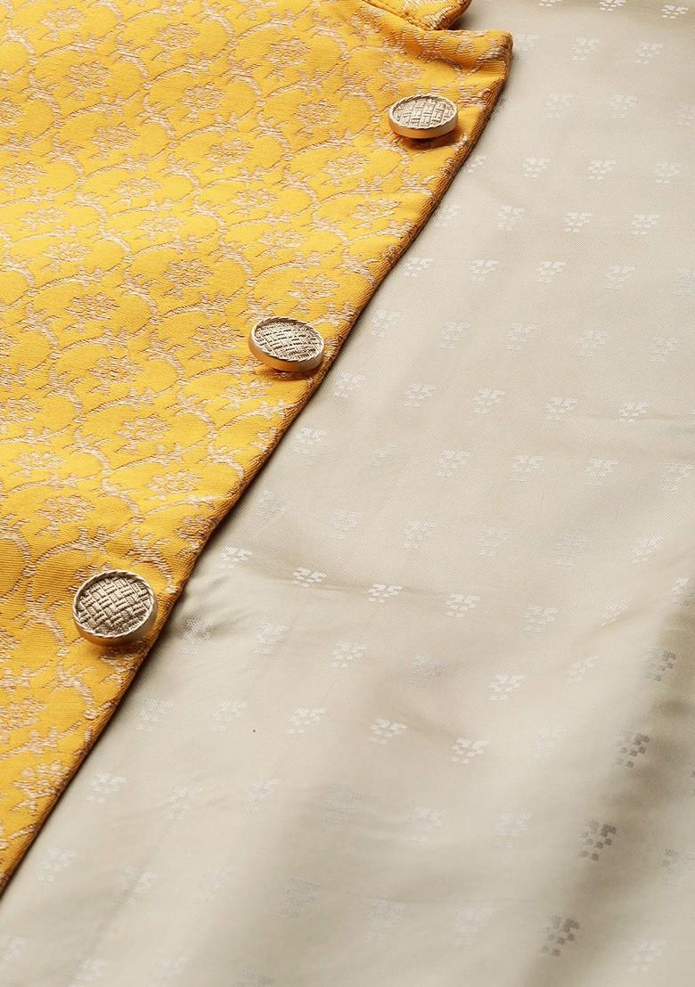 Mustard Solid Poly Blend Nehru Jackets For Men