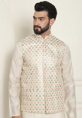Cream Embroidered Poly Blend Nehru Jackets For Men