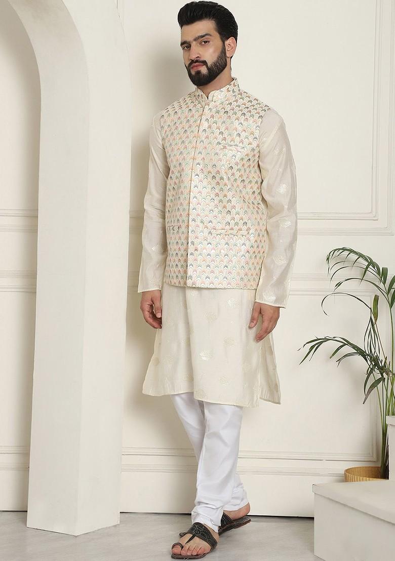 Cream Embroidered Poly Blend Nehru Jackets For Men