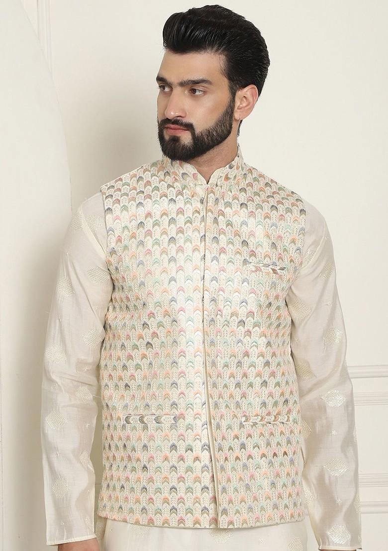 Cream Embroidered Poly Blend Nehru Jackets For Men