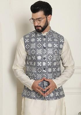 Grey Embroidered Poly Blend Nehru Jackets For Men