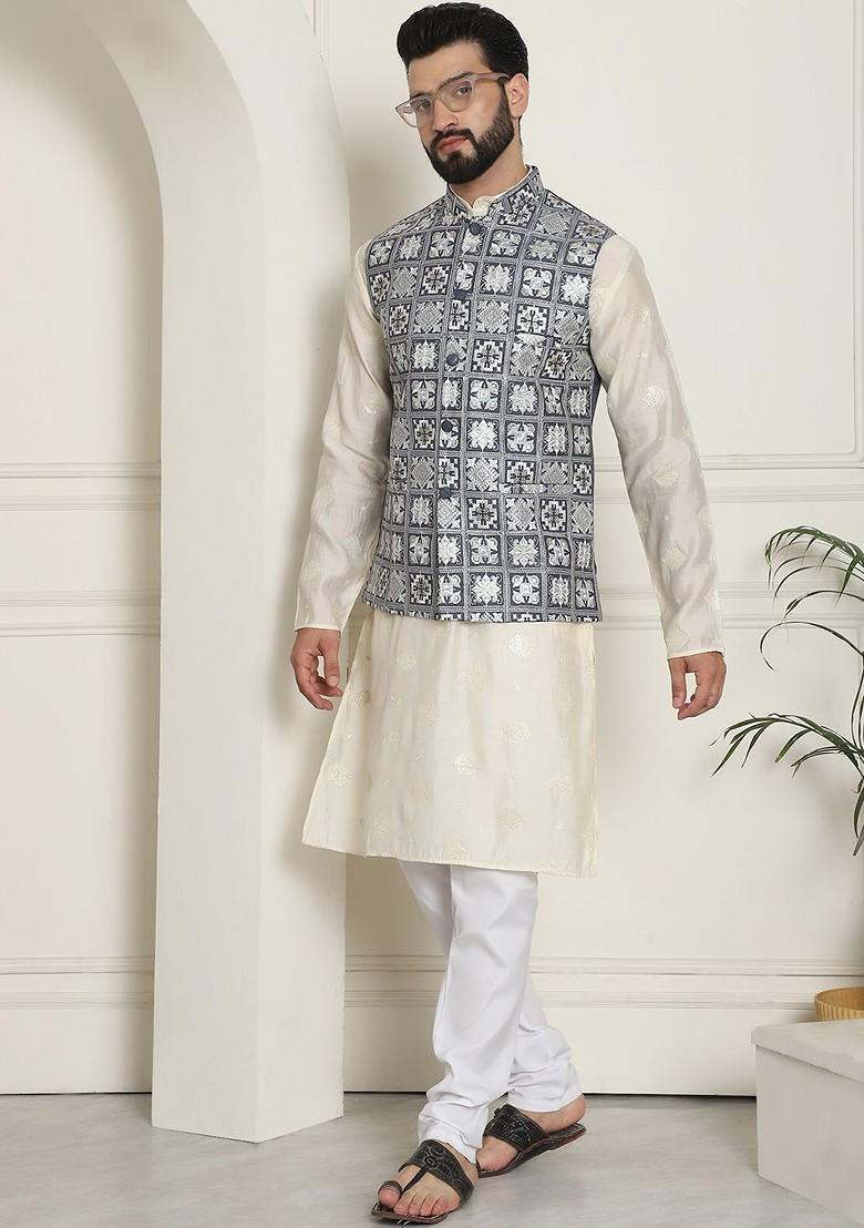 Grey Embroidered Poly Blend Nehru Jackets For Men