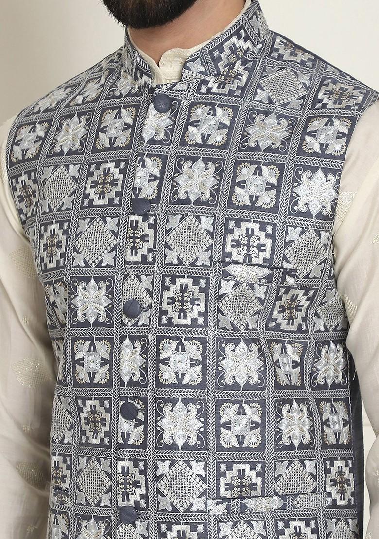 Grey Embroidered Poly Blend Nehru Jackets For Men
