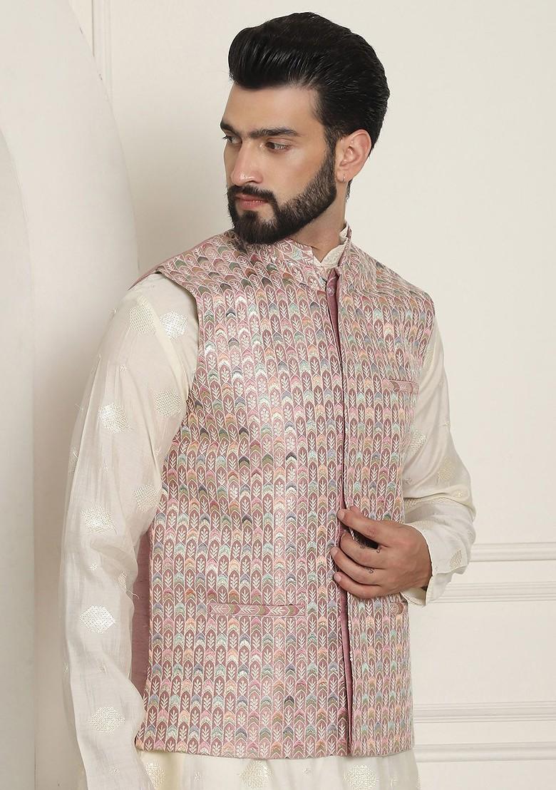 Peach Embroidered Poly Blend Nehru Jackets For Men