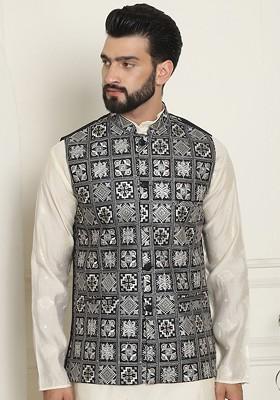 Black Embroidered Poly Blend Nehru Jackets For Men