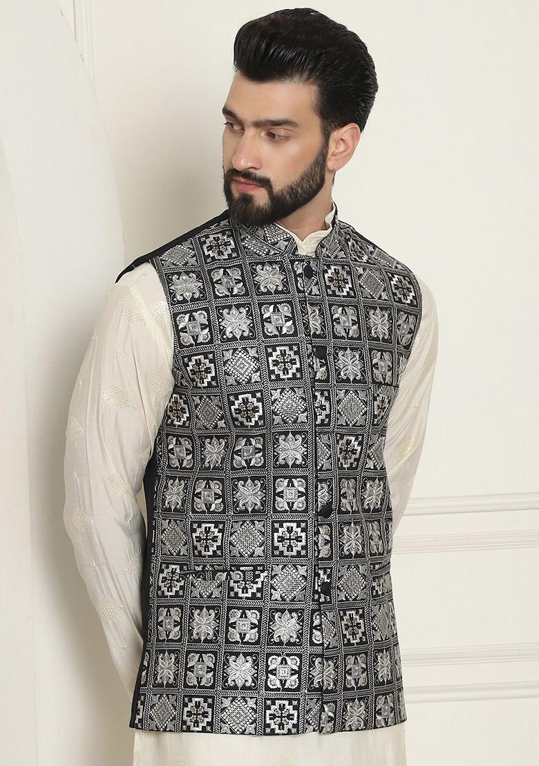 Black Embroidered Poly Blend Nehru Jackets For Men