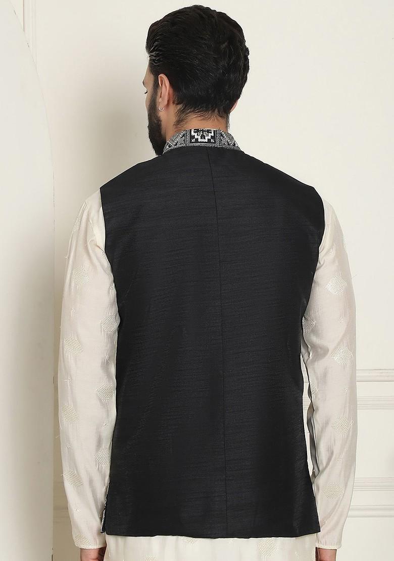 Black Embroidered Poly Blend Nehru Jackets For Men