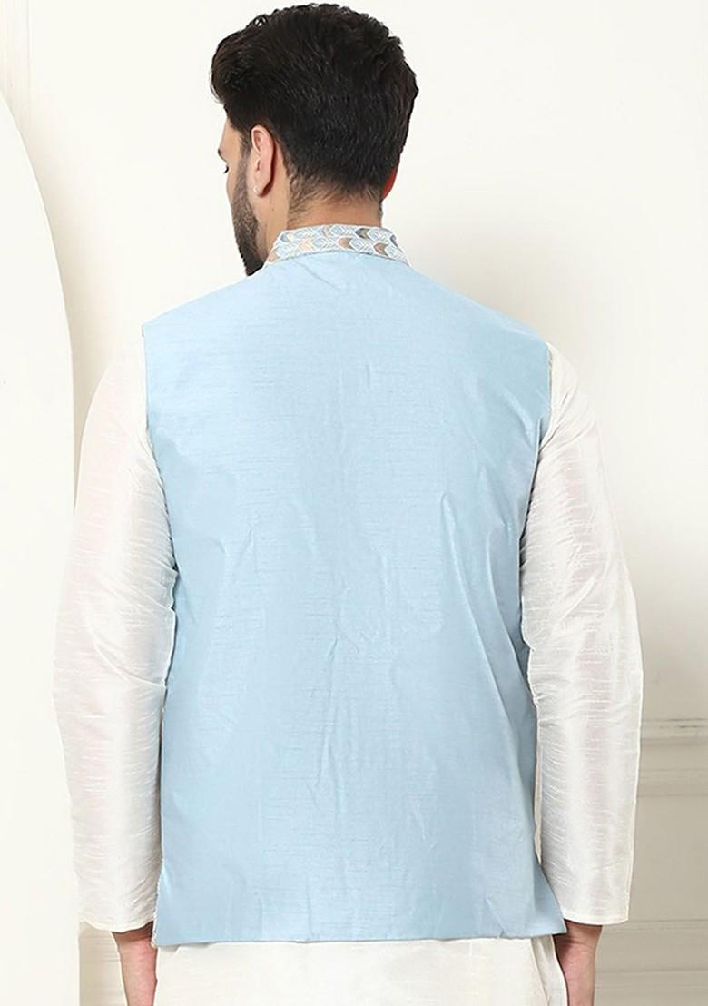 Turquoise Blue Embroidered Poly Blend Nehru Jackets For Men