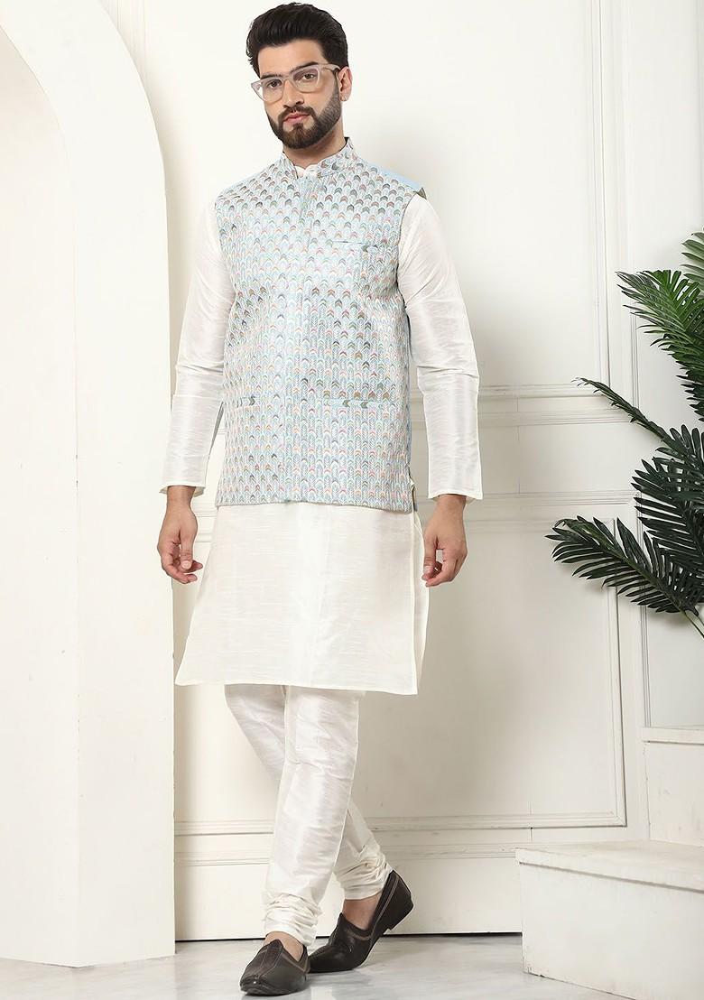 Turquoise Blue Embroidered Poly Blend Nehru Jackets For Men