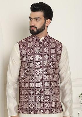 Maroon Embroidered Poly Blend Nehru Jackets For Men