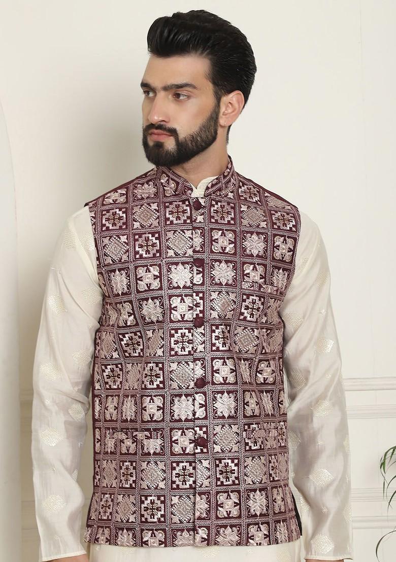 Maroon Embroidered Poly Blend Nehru Jackets For Men