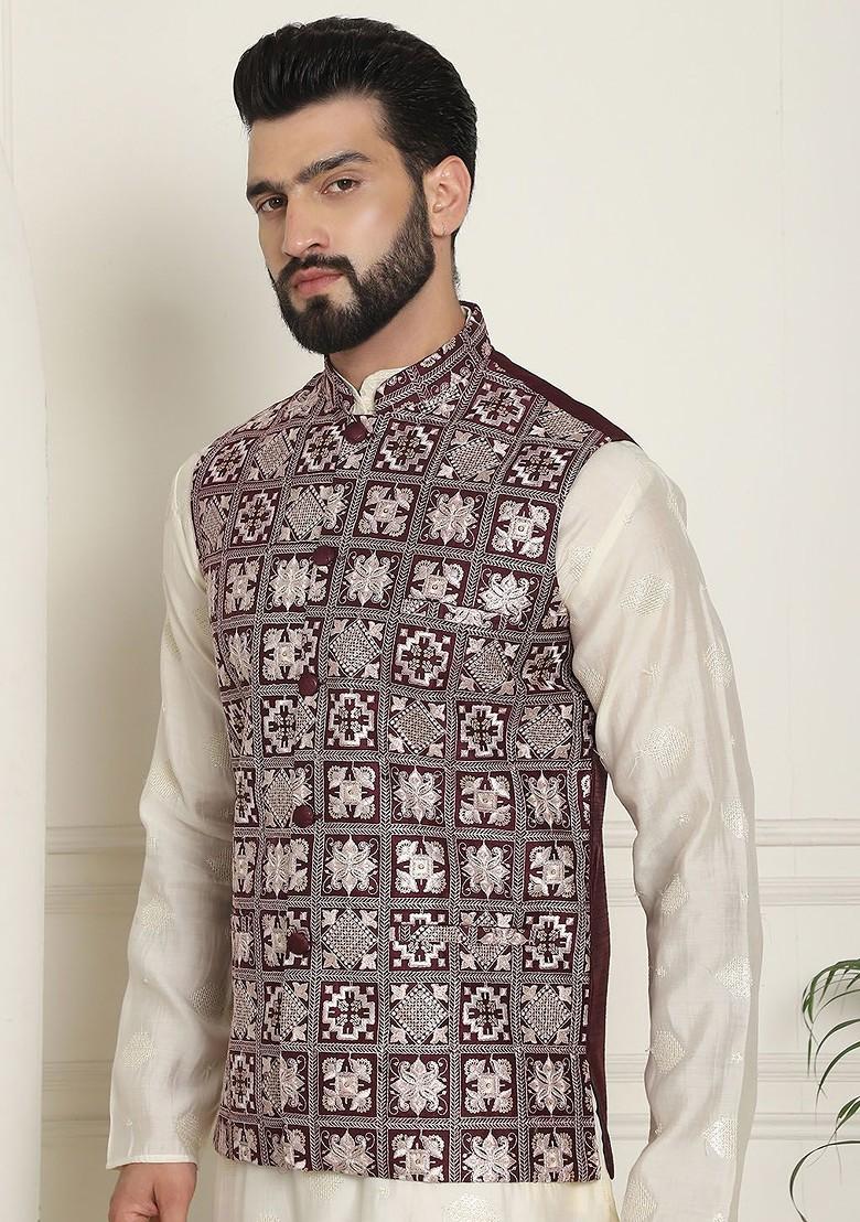 Maroon Embroidered Poly Blend Nehru Jackets For Men