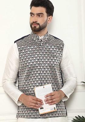 Navy Blue Embroidered Poly Blend Nehru Jackets For Men