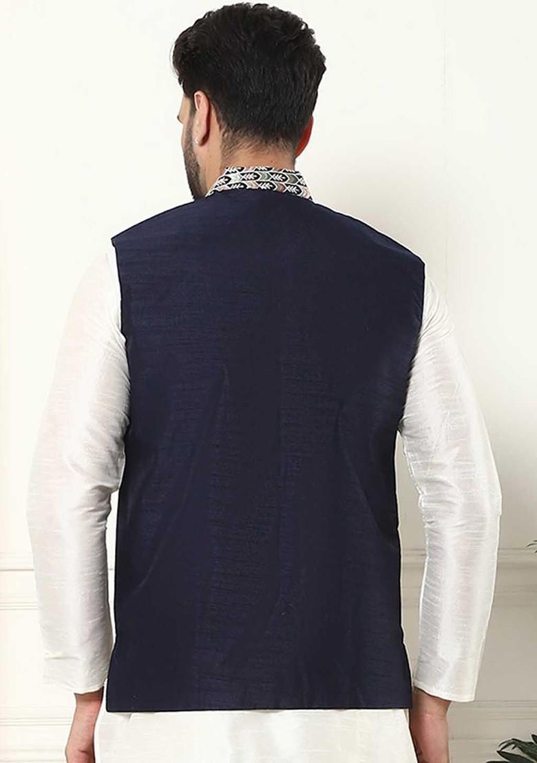 Navy Blue Embroidered Poly Blend Nehru Jackets For Men