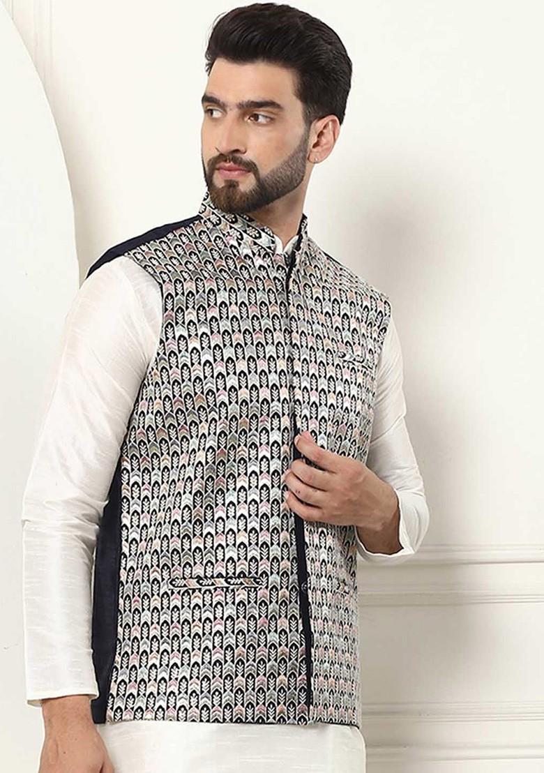 Navy Blue Embroidered Poly Blend Nehru Jackets For Men
