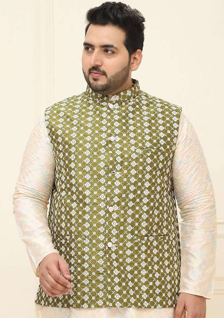 Green Embroidered Poly Blend Nehru Jackets For Men - Indya