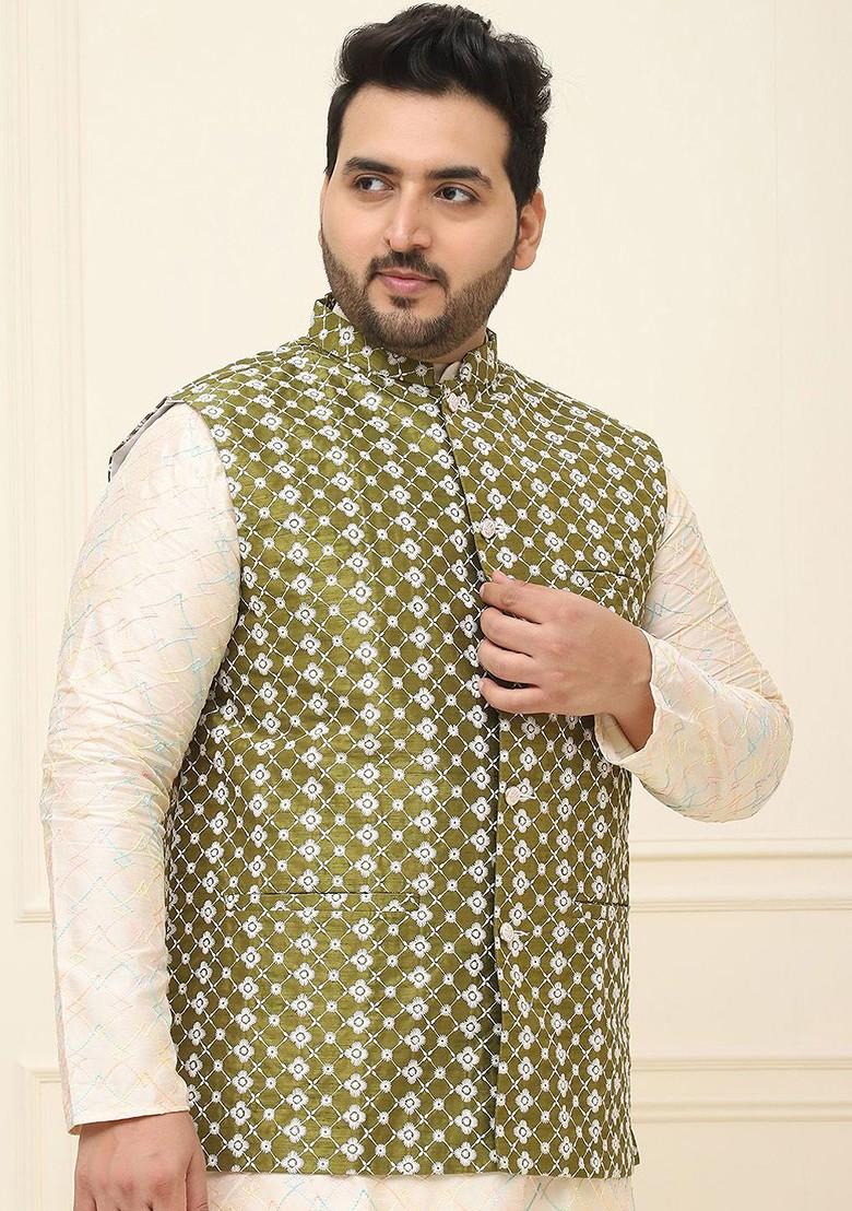 Green Embroidered Poly Blend Nehru Jackets For Men