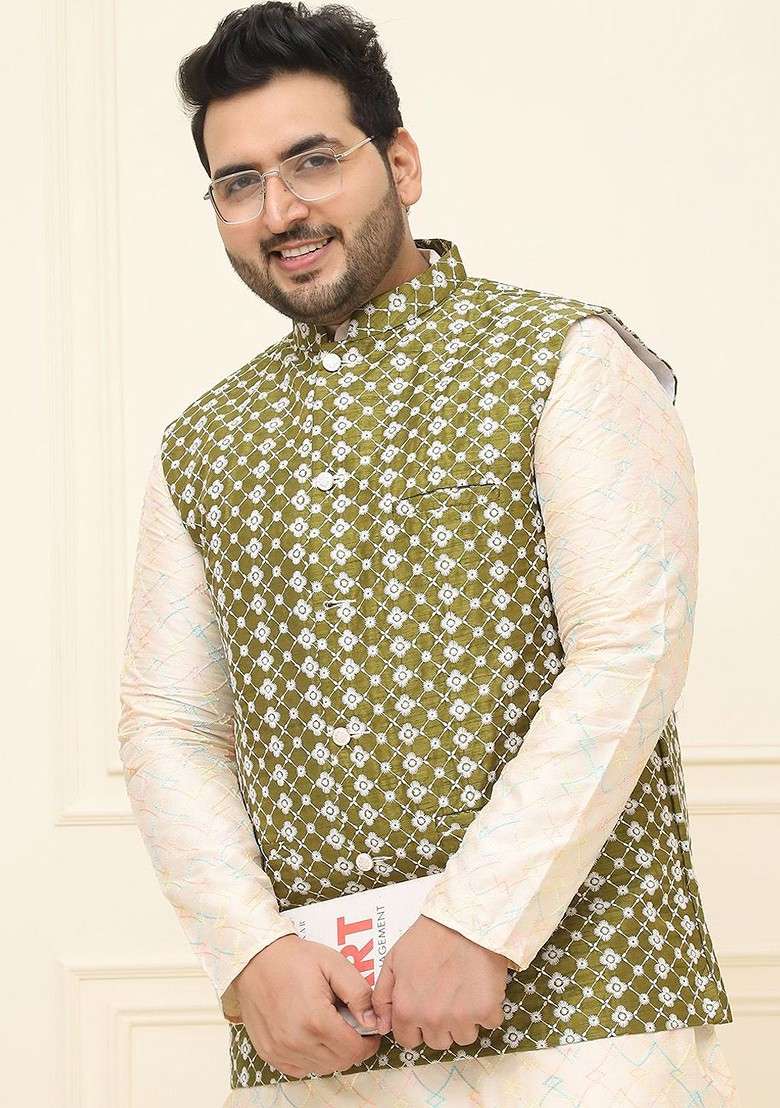 Green Embroidered Poly Blend Nehru Jackets For Men - Indya