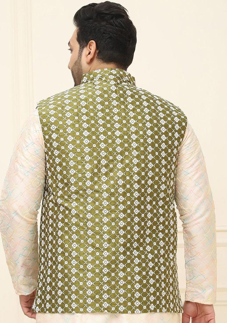 Green Embroidered Poly Blend Nehru Jackets For Men