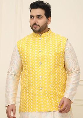 Yellow Embroidered Poly Blend Nehru Jackets For Men