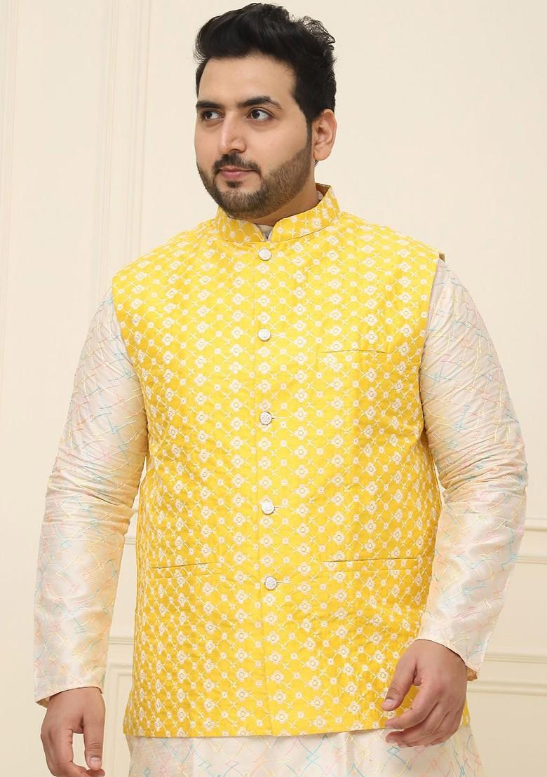 Yellow Embroidered Poly Blend Nehru Jackets For Men