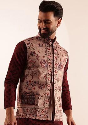 Maroon Printed Poly Blend Nehru Jackets For Men
