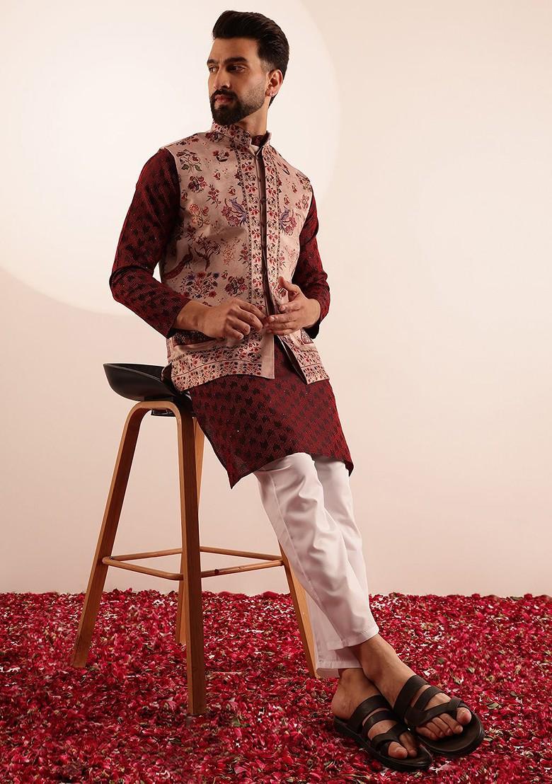 Maroon Printed Poly Blend Nehru Jackets For Men