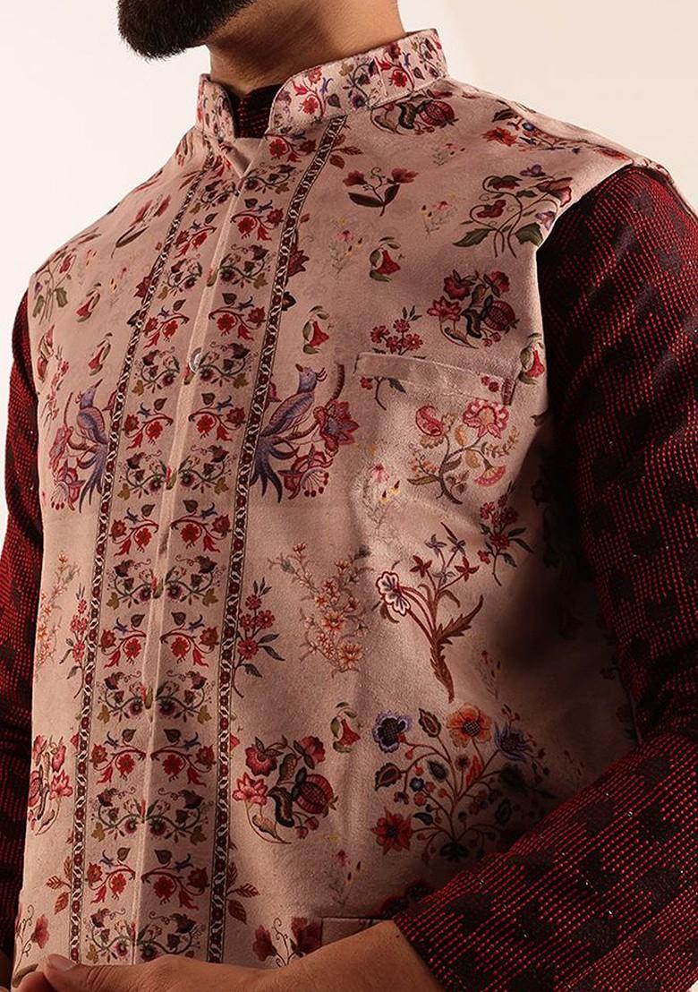 Maroon Printed Poly Blend Nehru Jackets For Men