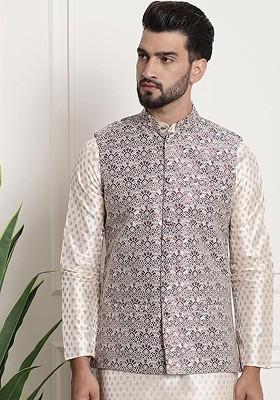 Purple Printed Poly Blend Nehru Jackets For Men