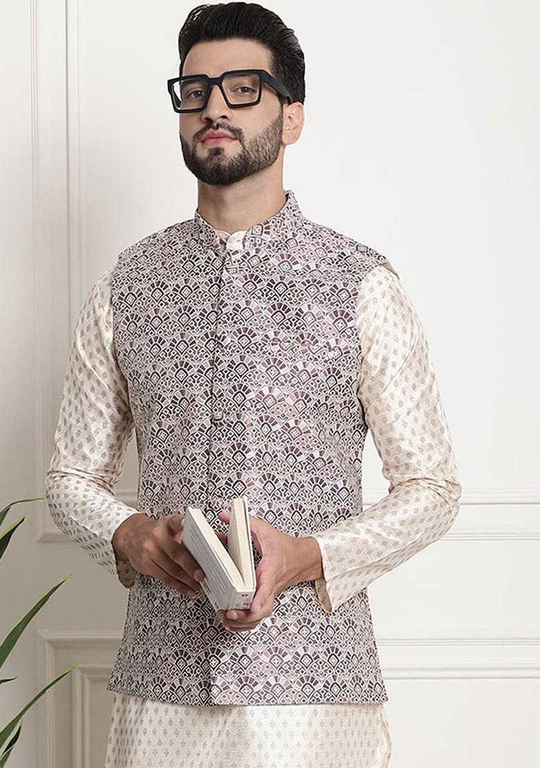 Purple Printed Poly Blend Nehru Jackets For Men