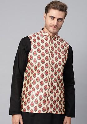 Beige Printed Poly Blend Nehru Jackets For Men