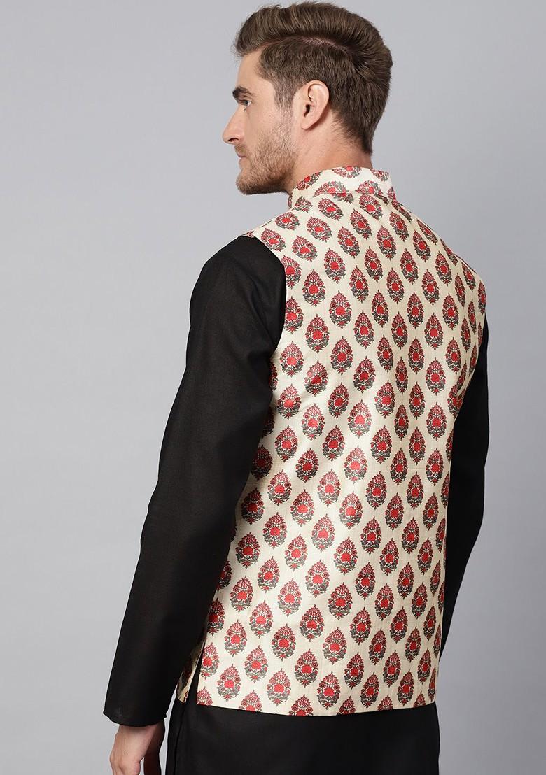 Beige Printed Poly Blend Nehru Jackets For Men