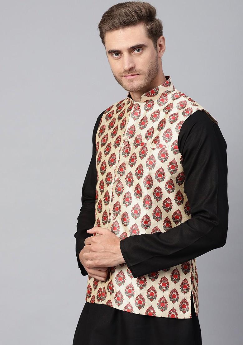Beige Printed Poly Blend Nehru Jackets For Men