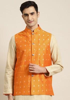 Orange Solid Poly Blend Nehru Jackets For Men