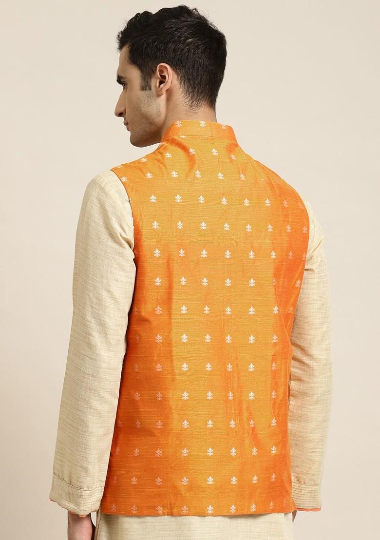Orange Solid Poly Blend Nehru Jackets For Men