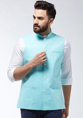 Turquoise Blue Solid Poly Blend Nehru Jackets For Men