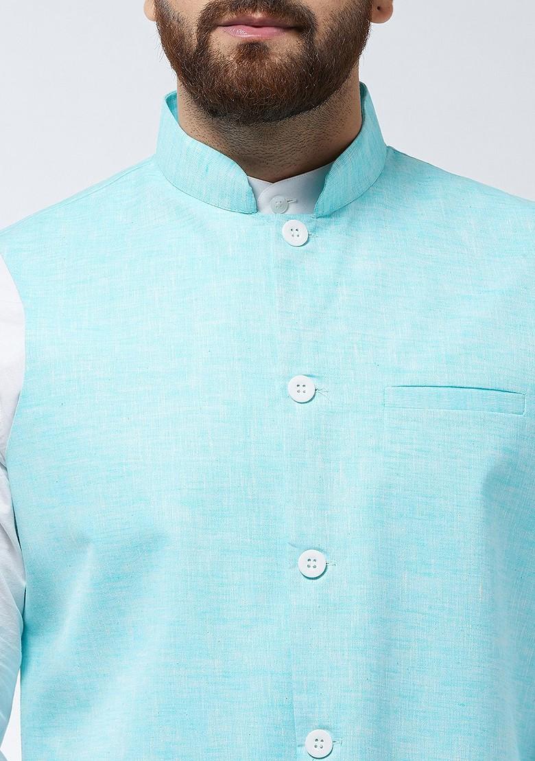 Turquoise Blue Solid Poly Blend Nehru Jackets For Men
