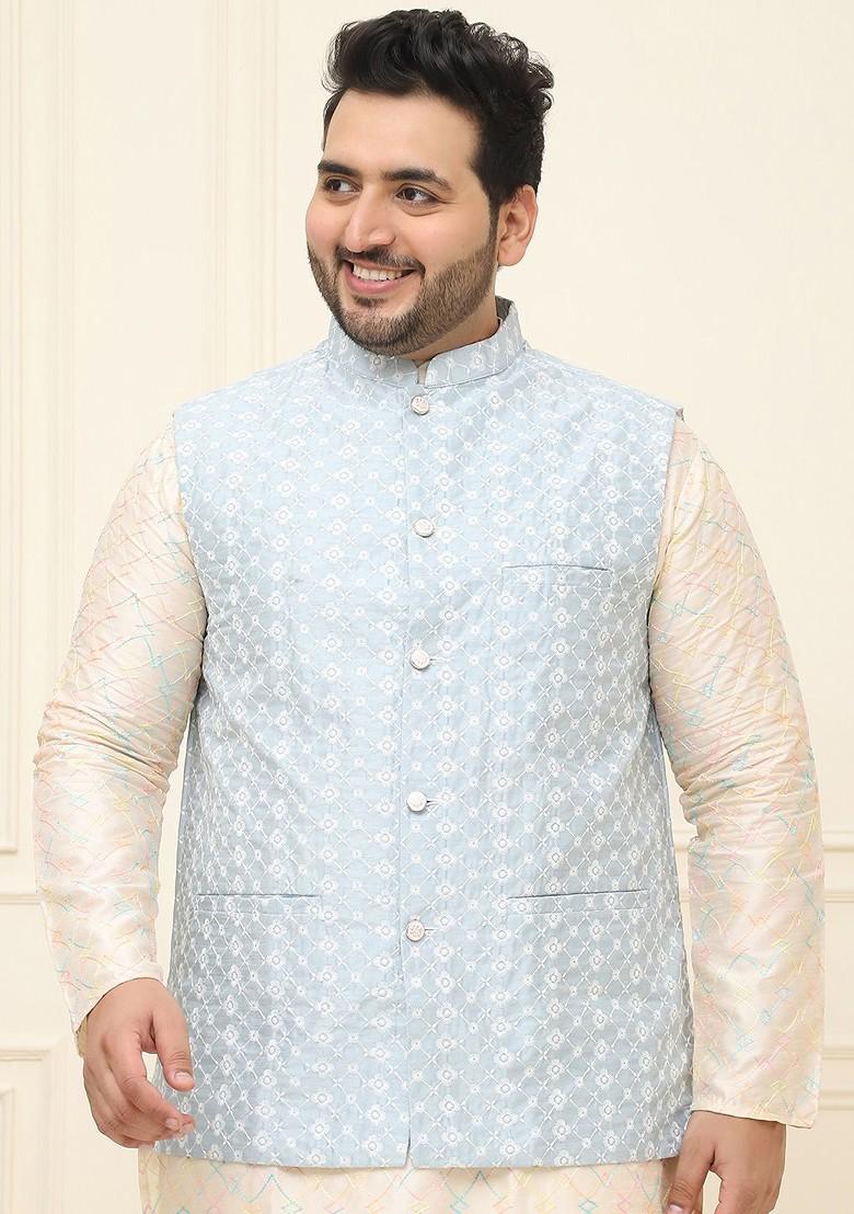 Grey Embroidered Cotton Nehru Jackets For Men