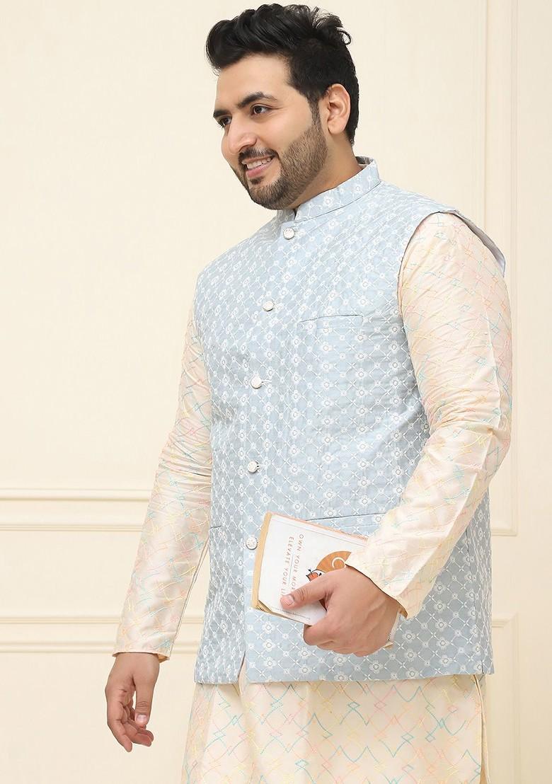 Grey Embroidered Cotton Nehru Jackets For Men