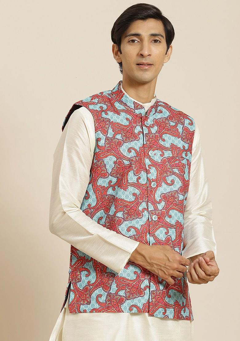 Blue Ethnic Motifs Cotton Nehru Jackets For Men