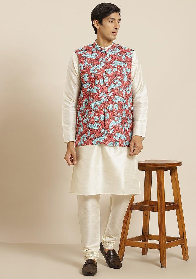 Blue Ethnic Motifs Cotton Nehru Jackets For Men