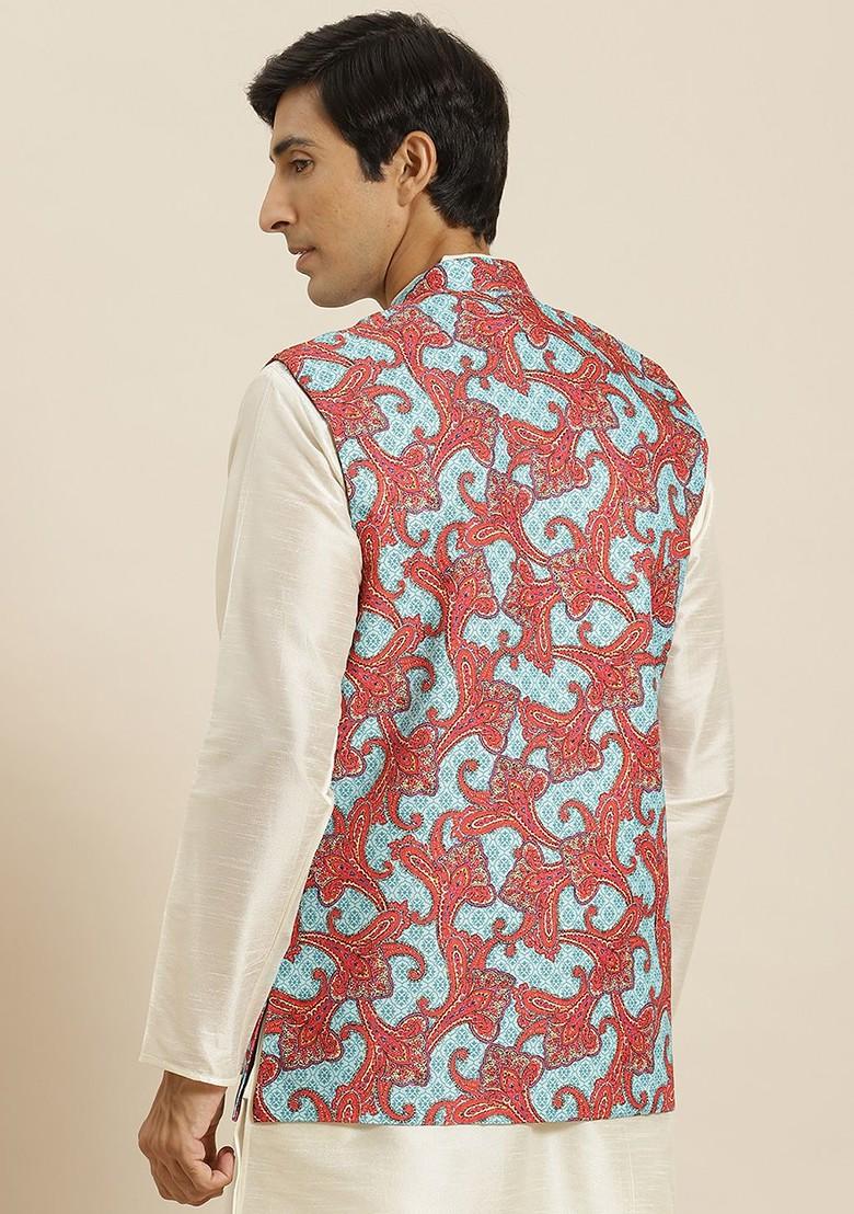 Blue Ethnic Motifs Cotton Nehru Jackets For Men