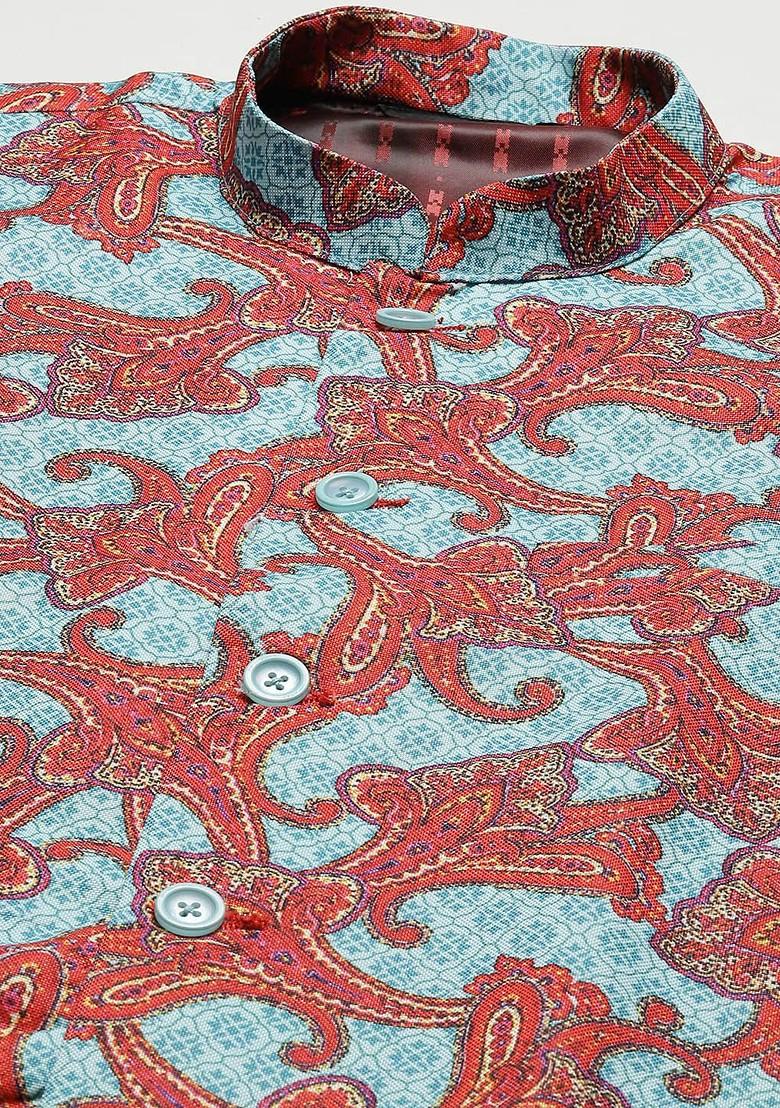 Blue Ethnic Motifs Cotton Nehru Jackets For Men