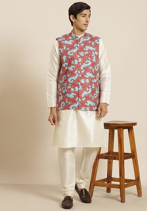 Blue Ethnic Motifs Cotton Nehru Jackets For Men
