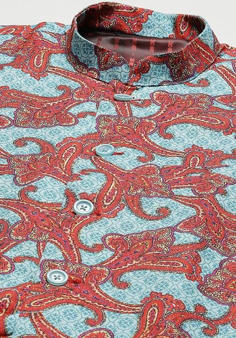 Blue Ethnic Motifs Cotton Nehru Jackets For Men