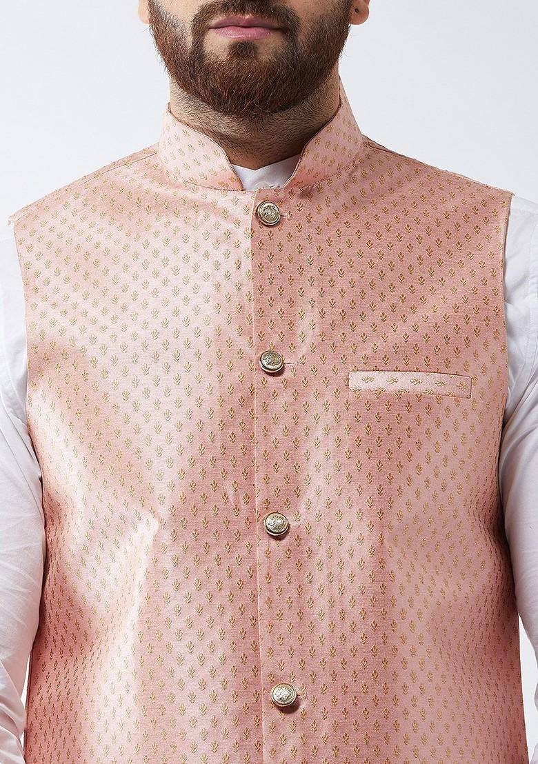 Peach Woven Poly Blend Nehru Jackets For Men