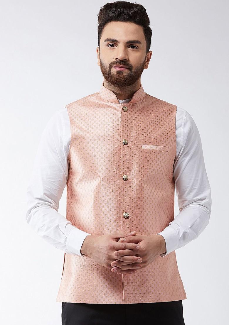 Peach Woven Poly Blend Nehru Jackets For Men