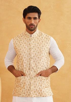 Beige Embroidered Poly Blend Nehru Jackets For Men