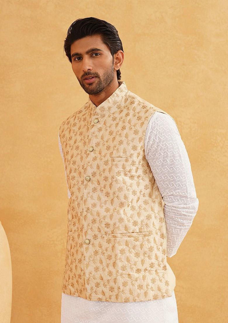 Beige Embroidered Poly Blend Nehru Jackets For Men